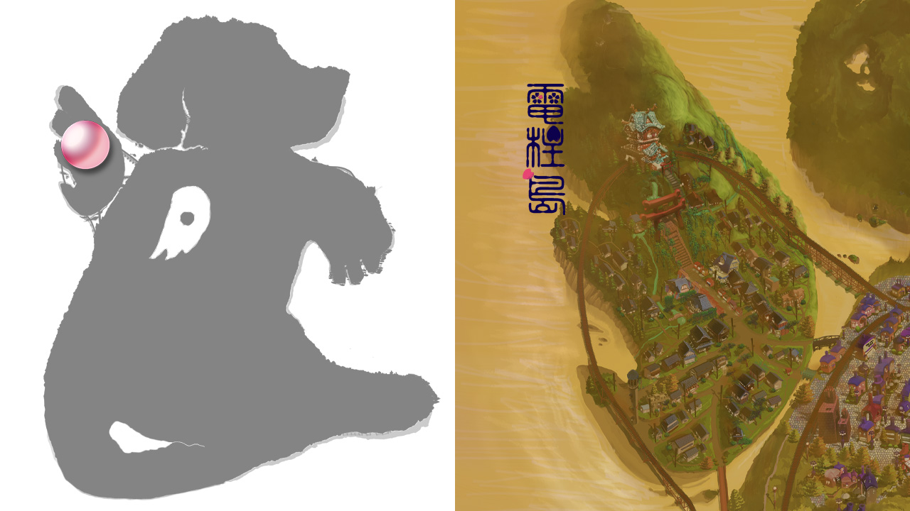 犬の国の地図上で電柱島の場所を示した画像と電柱島の詳細地図